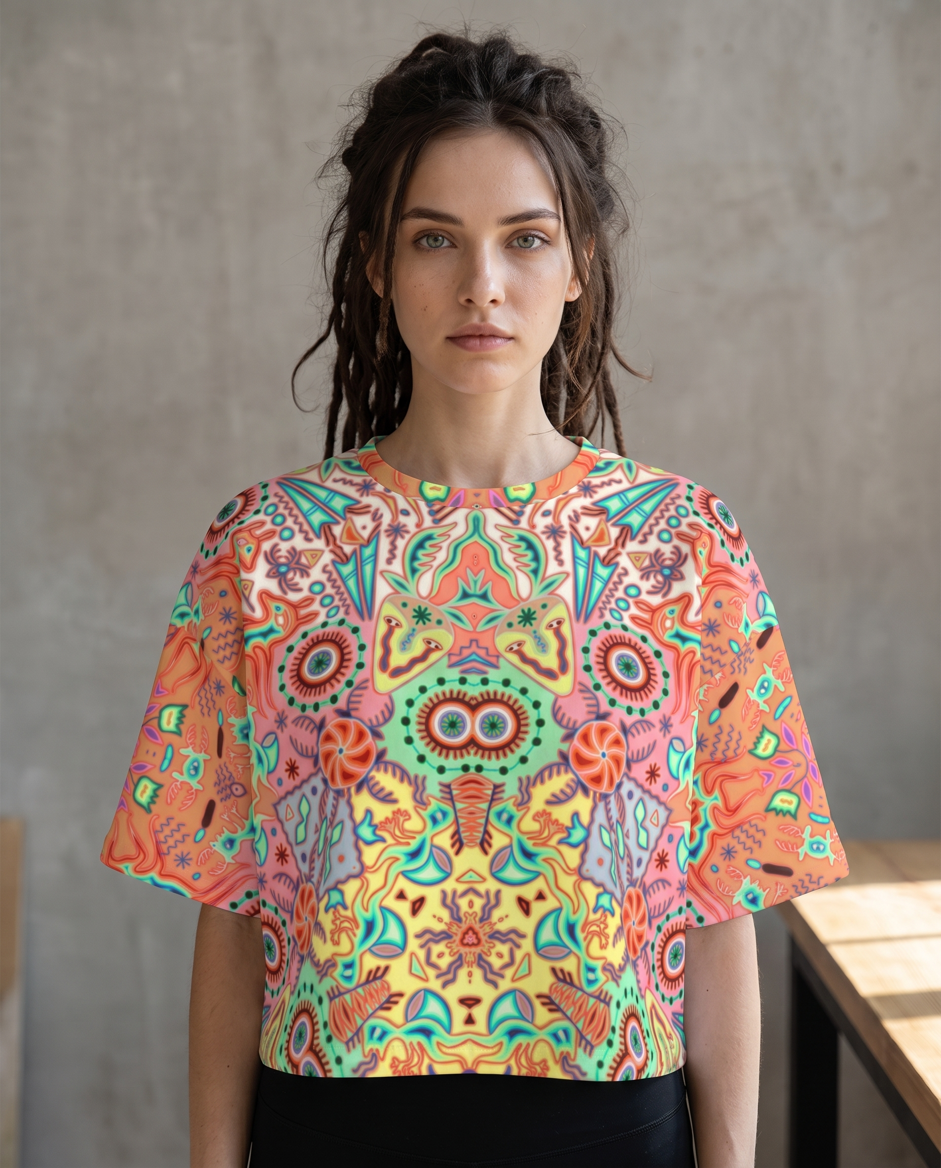 Mia wearing Yarn Vision kaleidoscopic crop top