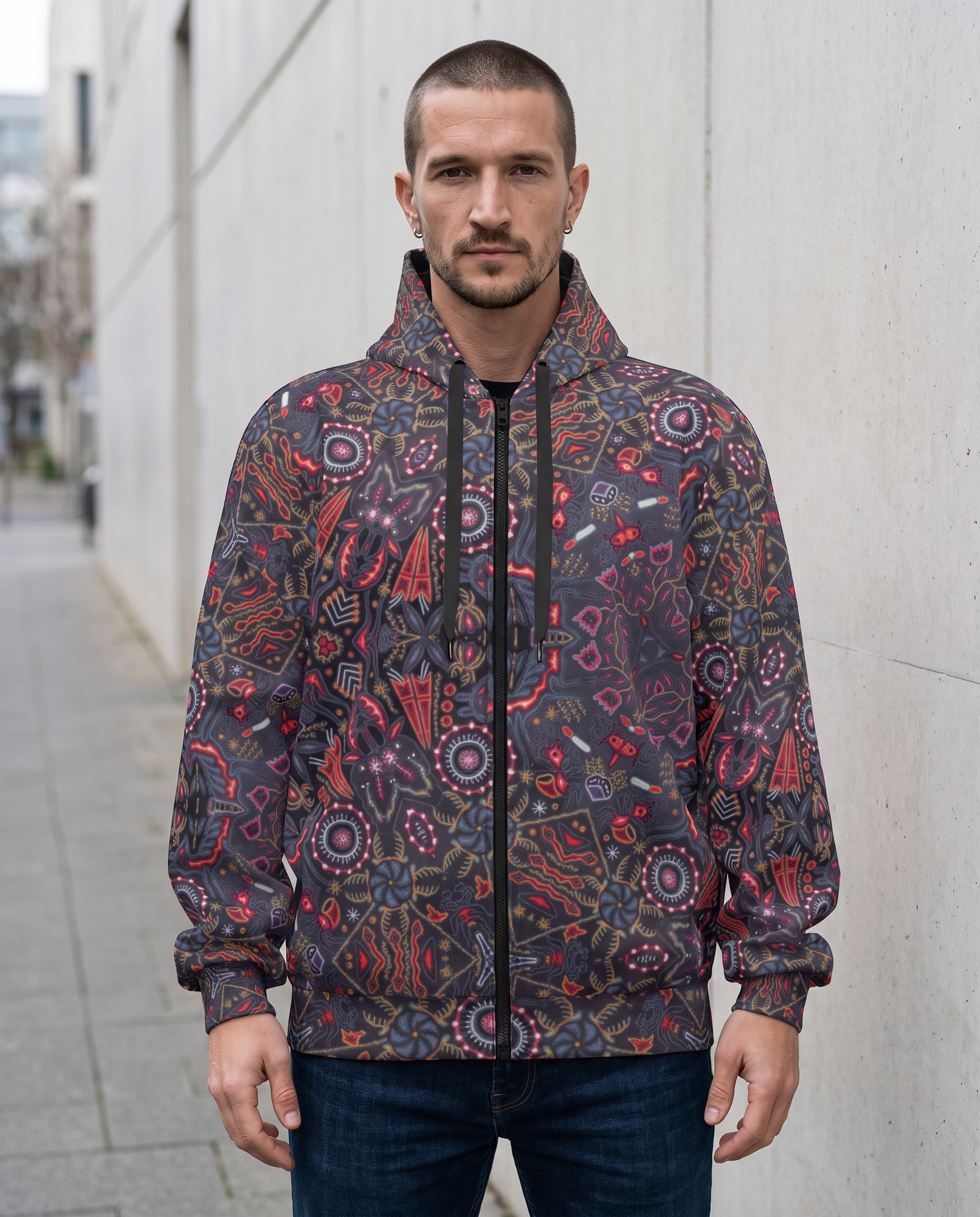 Daniel wearing Yarn Vision cotton zip hoodie outdoors