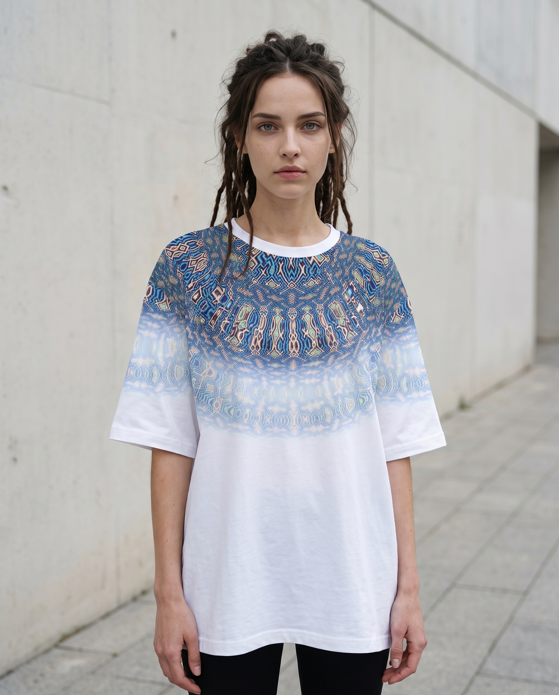 Mia wearing Liquid Kaleidoscope oversized T-shirt outdoors