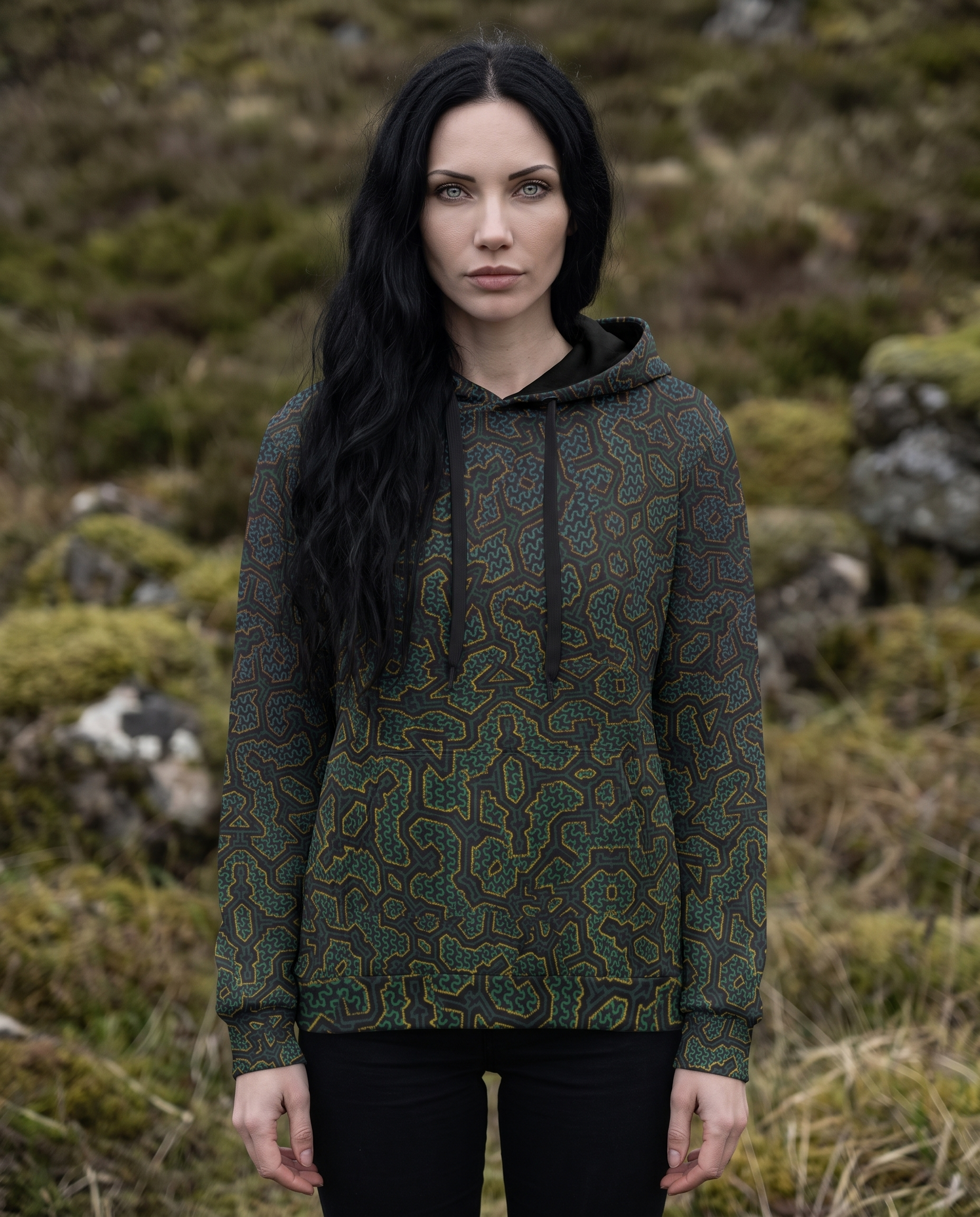 Freya wearing Kene Night pullover hoodie outdoors
