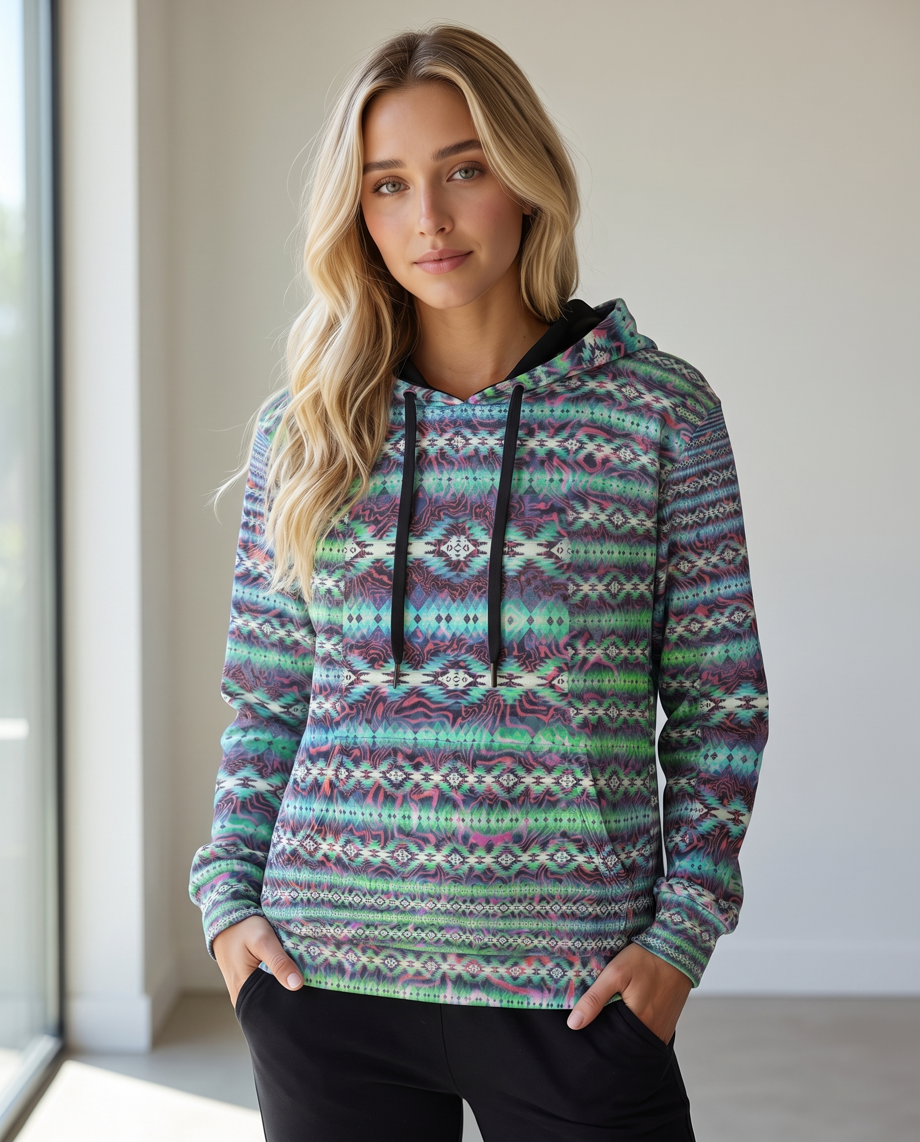 Ema wearing Fractal Memory pullover hoodie in a calm interior