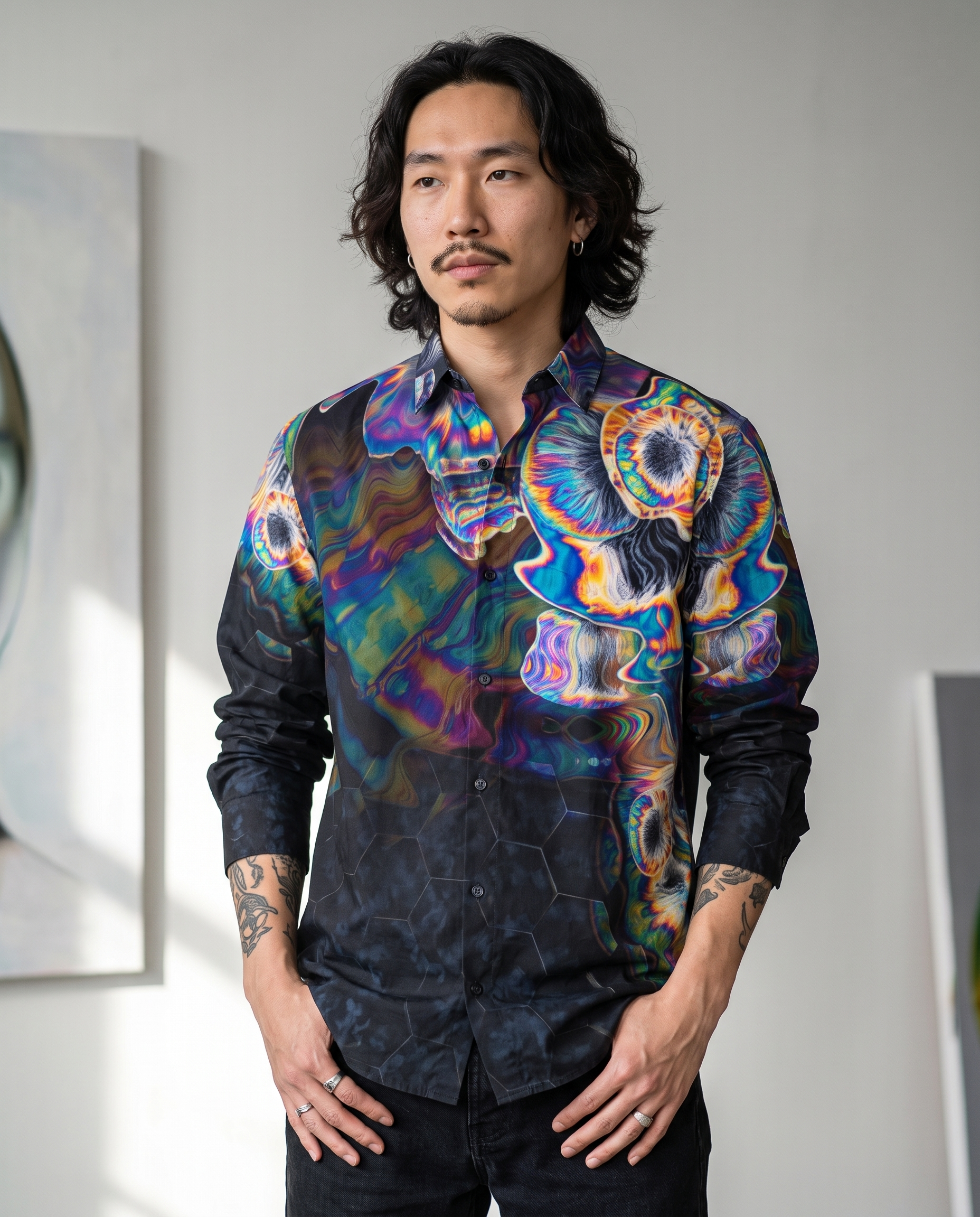 Alex wearing Molecular Melt cotton poplin shirt