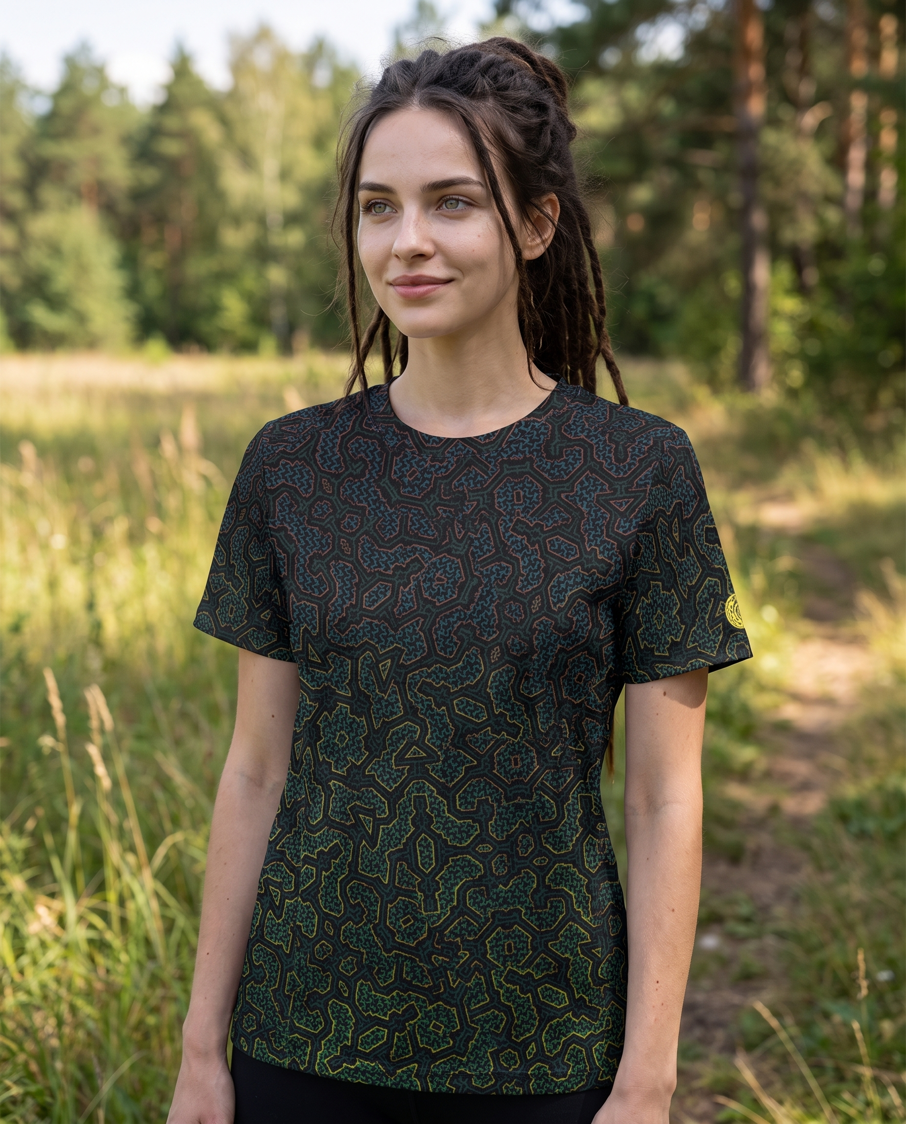 Mia wearing Kene Motion Shipibo-inspired sports jersey outdoors