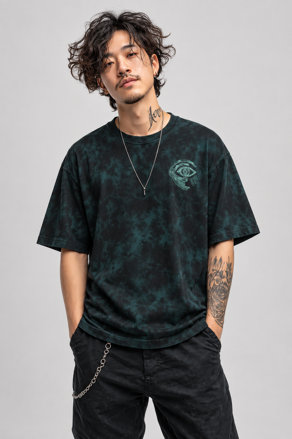 Emerald Principle oversized T-shirt on All Is Mind persona Alex in a neutral studio