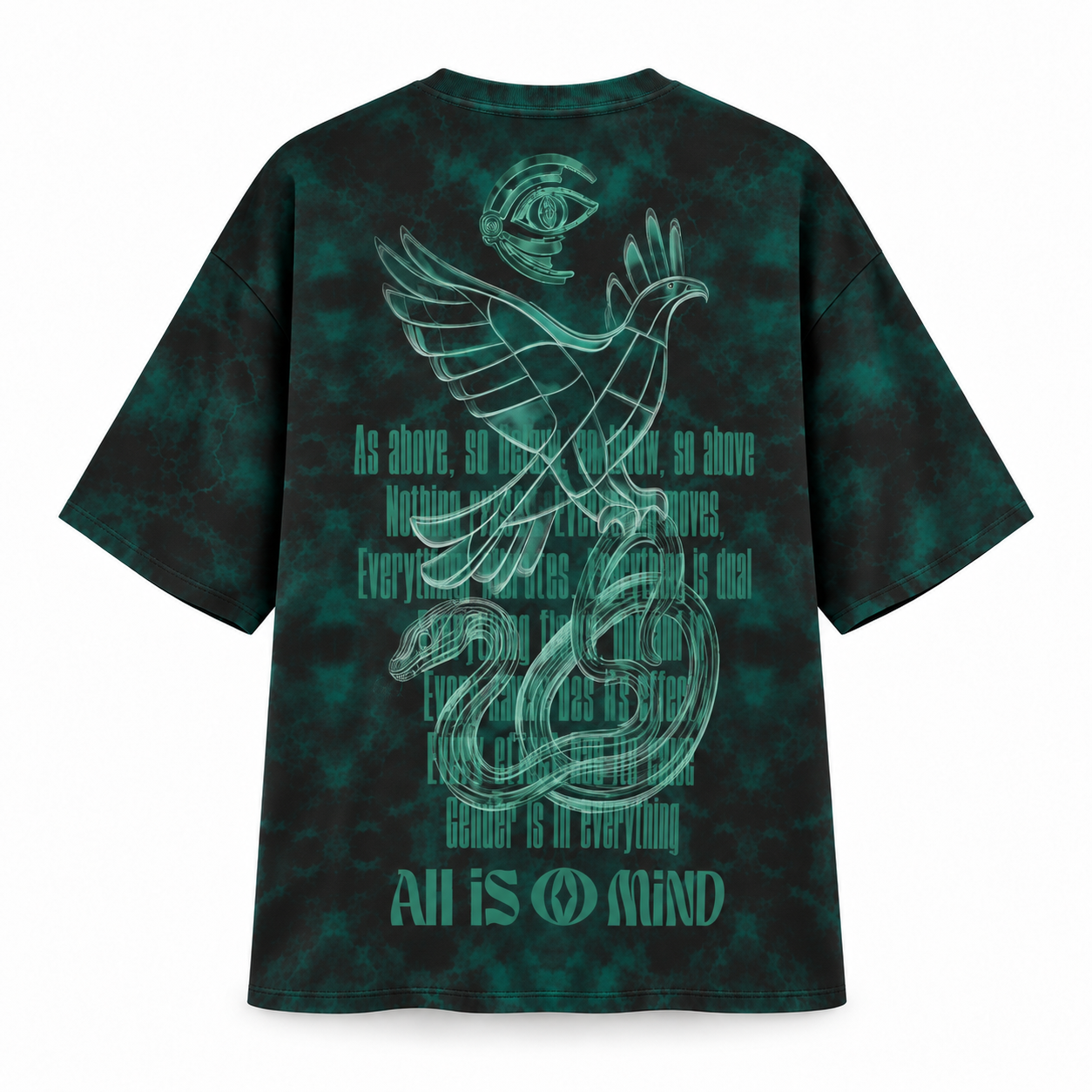 Emerald Principle oversized T-shirt — standalone back view, eye, eagle and serpent print
