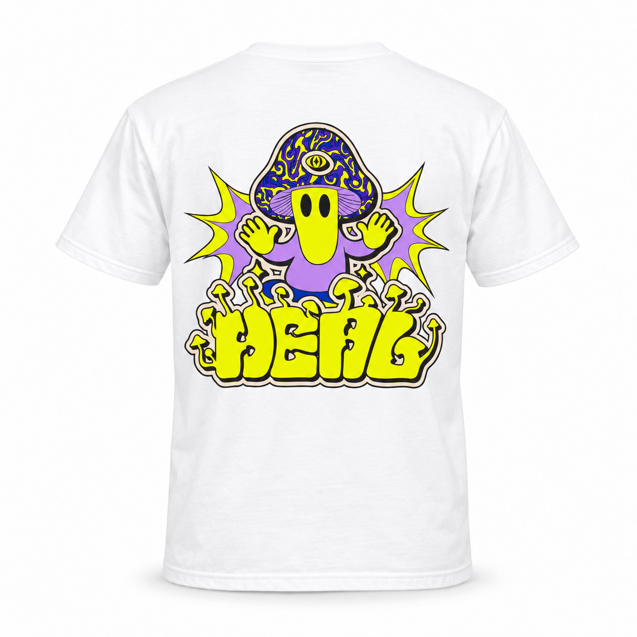 HEAL Mushroom Spirit T-shirt — standalone back view, large HEAL artwork