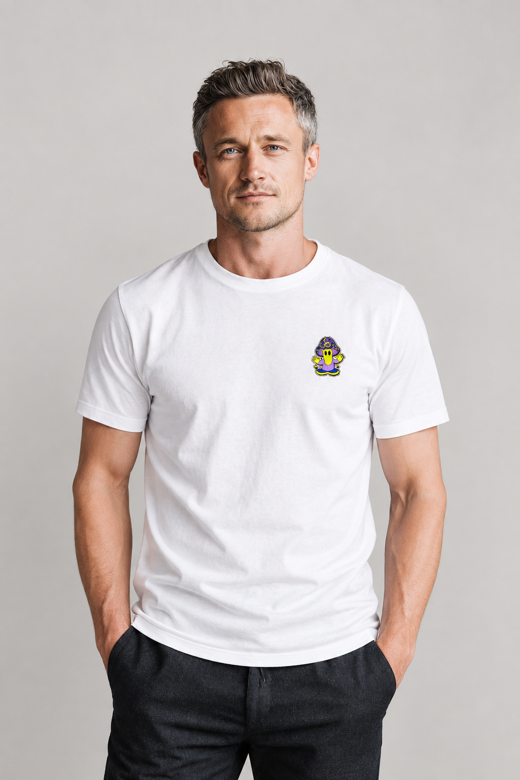 HEAL Mushroom Spirit T-shirt on All Is Mind persona Daniel in a neutral studio