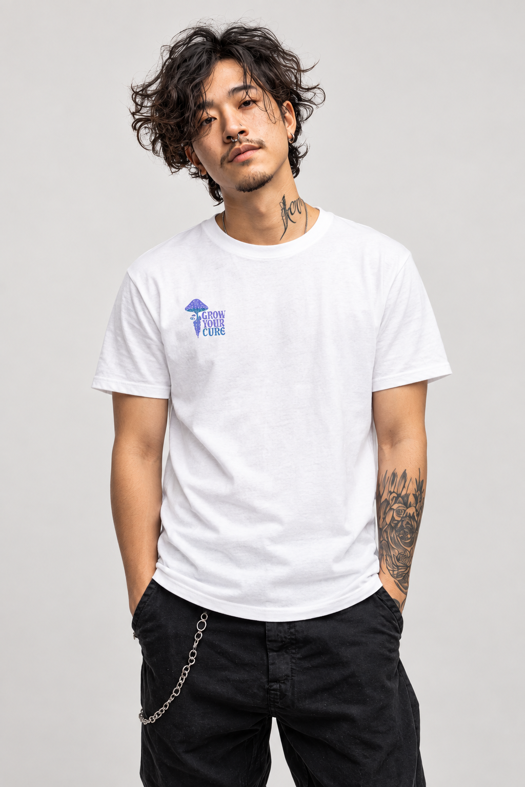 Heal the Mind Free the Soul T-shirt on All Is Mind persona Alex in a neutral studio