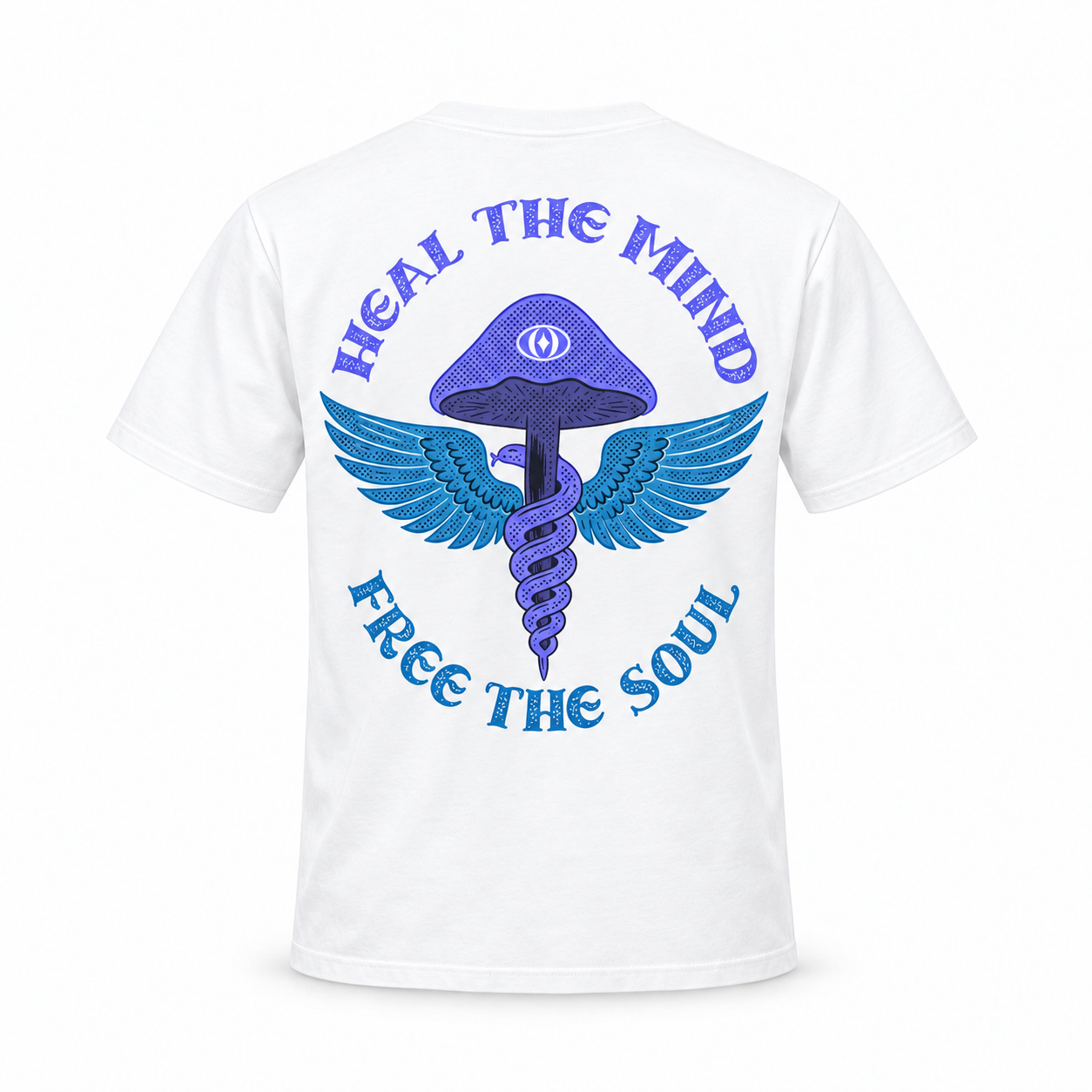 Heal the Mind Free the Soul T-shirt — standalone back view, winged mushroom artwork