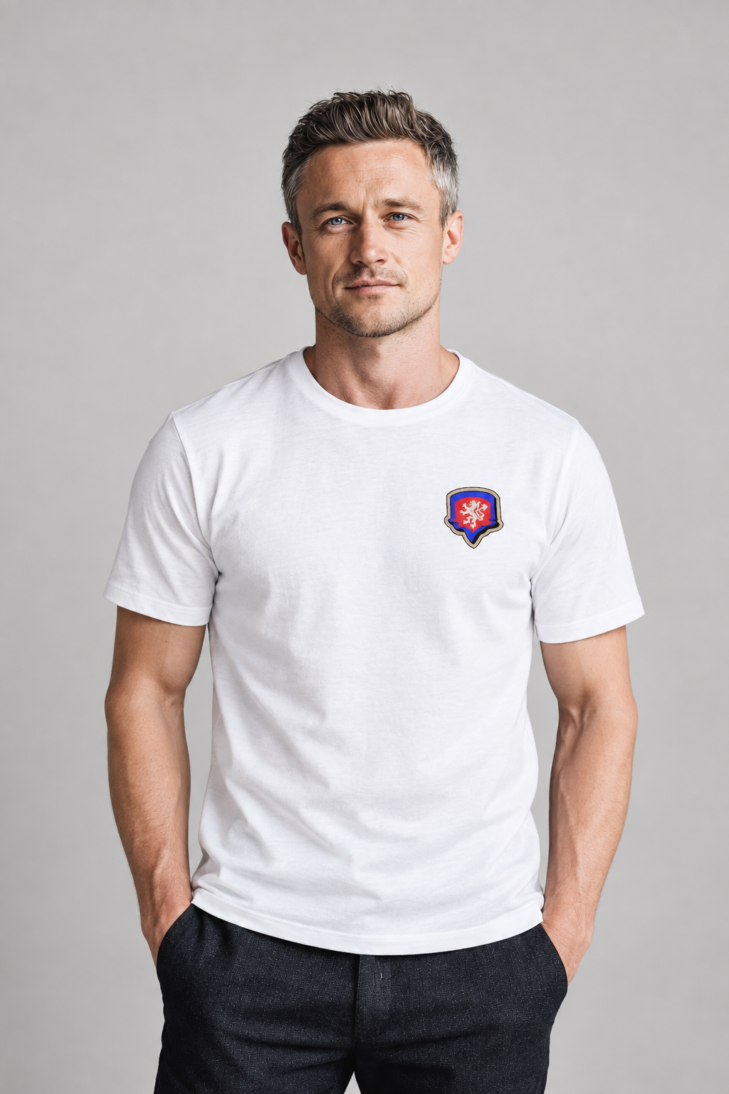 PsiloLion Republic T-shirt on All Is Mind persona Daniel in a neutral studio