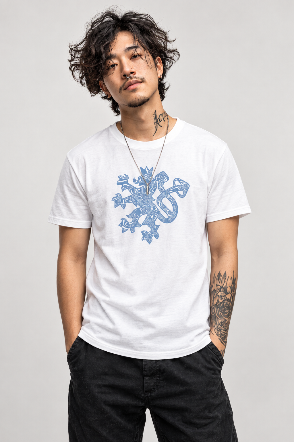 PsiloLion T-shirt on All Is Mind persona Alex in a neutral studio