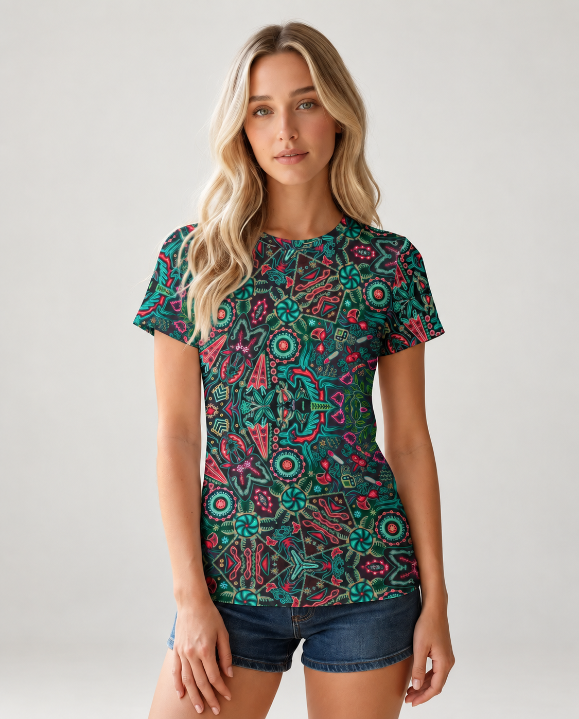 Ema wearing Yarn Vision women's T-shirt, soft-light neutral studio